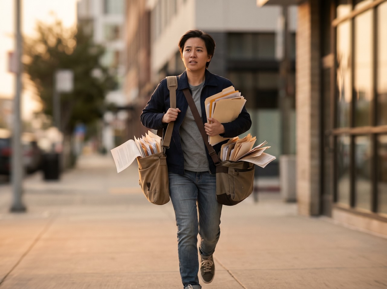 A delivery person rushing with bags of documents, visualizing the inverted dynamic of running errands for your AI tools